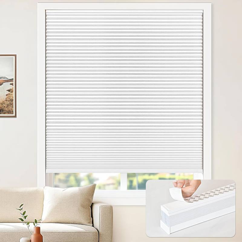 lot 371217 image: LazBlinds Cordless Cellular Blinds, No Drill Blackout Honeycomb Shades for Indoor Windows, Insulated UV Protection Cellular Shades, Easy Inside Mount, 22 W x 48 H, White