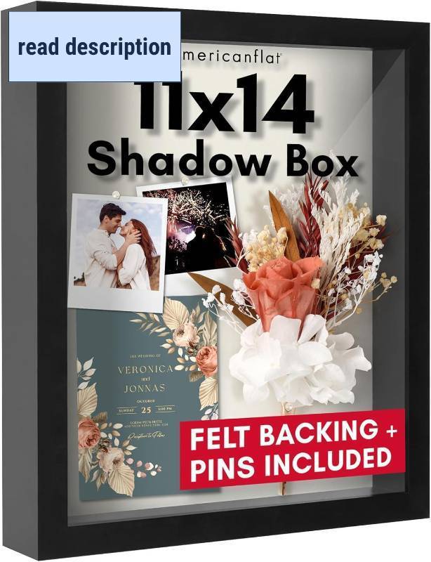 lot 471321 image: Americanflat 11x14 Shadow Box Frame with Shatter-Resistant Glass - Silhouette Collection - Large Shadow Box Display Case for Tabletop and Wall Display - Black with Soft Felt Back