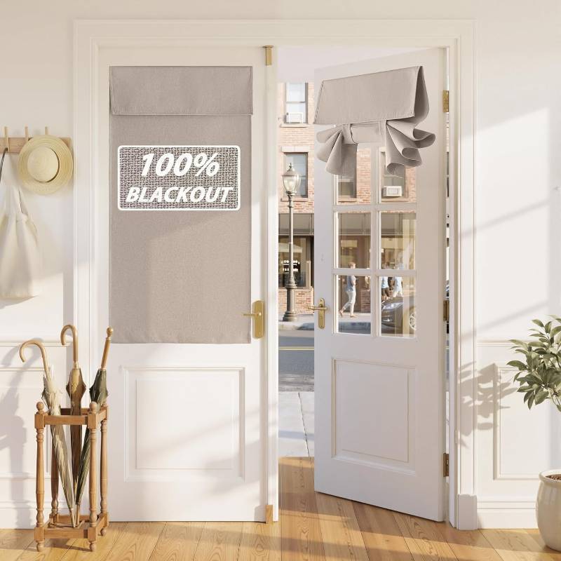 lot 471323 image: RYB HOME 100% Blackout Linen Door Window Curtains - Home Decor No Drill Door Curtain for Front Window, Thermal Insulated Privacy Blinds with 2 Adhesive Tapes, W 30 x L 40, 1 Panel, Sand