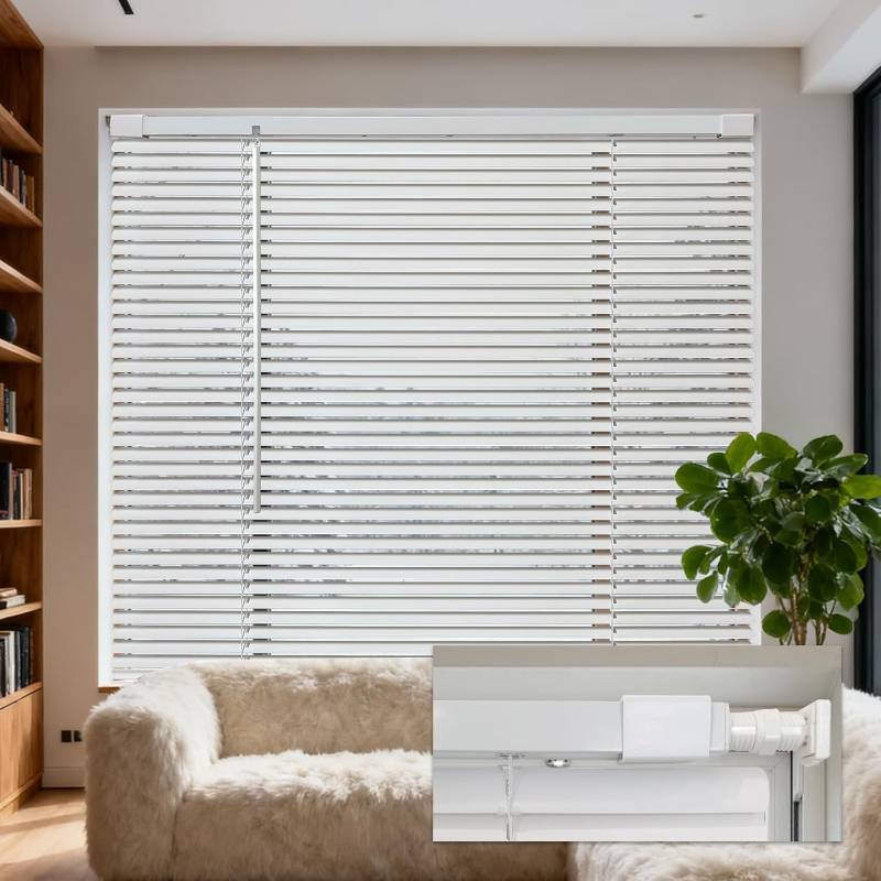 lot 471326 image: No Tools No Drill 1 Cordless Mini Blinds, Horizontal Light Filtering Blind, Vinyl Blinds for Indoor Windows 23 W x 72 H, White.
