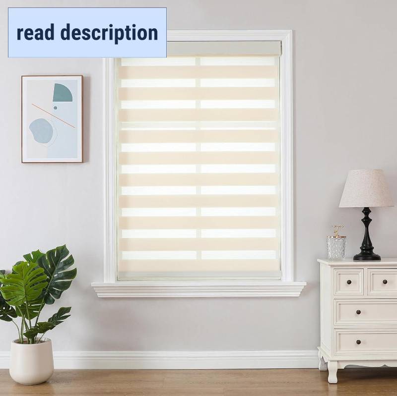lot 461209 image: Joydeco Cordless Zebra Blinds (Pro), Dual Layer Light Control Zebra Blinds for Windows, Light-Proof Aluminum Cover, Free-Stop Roller Shades for Home & Office (Beige, 50 W x 75 H)