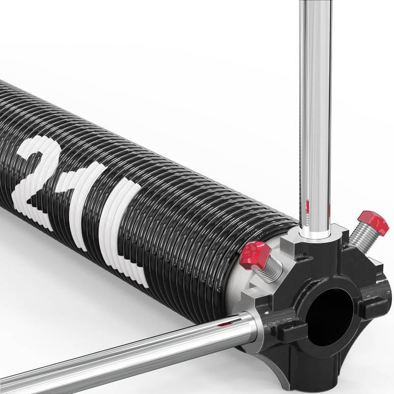 lot 151997 image: Left Hand Wound Garage Door Torsion Spring with Non-Slip Winding Bars, 0.207X2X21, Left-Wound for Right Side, Black Winding Cone, Single Pack