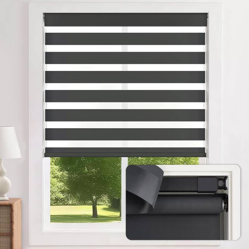 lot 351606 image: LazBlinds No-Drill Cordless Zebra Blinds - Dual Layer Light Filtering &amp Room Darkening, Free-Stop Lift, Easy Install, Day &amp Night Privacy with Valance for Window 19 W x 64 H, White