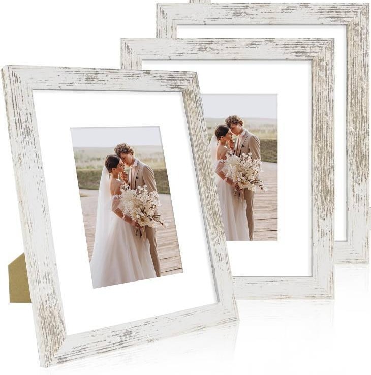 lot 351610 image: Hongkee 8x10 Picture Frame Set of 3, Made of Real Glass and Distressed White Wooden Frame, 8 by 10 Photo for Wall or Tabletop - Display Picture 5x7 with Mat or 8x10 Without Mat