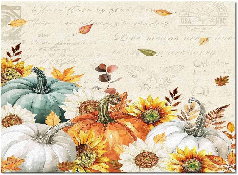 lot 451975 image: Fall Area Rug 2.7x3 Ft Thanksgiving Pumpkins Golden Sunflowers Washable Area Rugs Vintage Floral Leaves Non Shedding Floor Carpet Rubber Backing Non-Slip Indoor Mats for Living Room Bedroom Kitchen