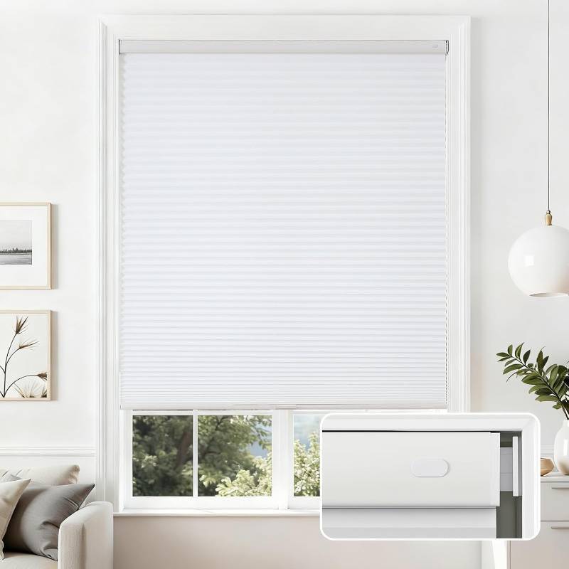 lot 451993 image: Joydeco No Tools No Drill Cordless Cellular Shades, Light Filtering Honeycomb Blinds for Indoor Windows, Thermal Insulating & Noise Reducing (White, 23 W x 64 H)