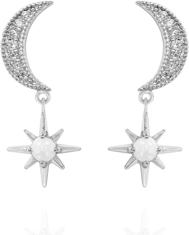 lot 9187244 image: 925 Sterling Silver Cubic Zirconia Dangle Crescent Moon and Star Opal Drop Earrings