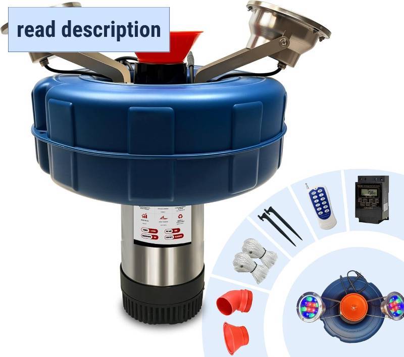 lot 321189 image: Retails for $269 RGB Pond Fountain Aerator, 1HP Wireless and Time Control Rainbow Lights,Stainless Steel Body, 100FT Cord and 200Ft Traction Rope, Aerator Pump for Ponds & Lakes (RGB)