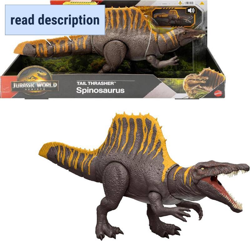 lot 271223 image: Mattel Jurassic World Rebirth Dinosaur Toy, Tail Thrasher Spinosaurus Action Figure with 2 Attack Moves, Movie-Accurate & Posable, Digital Play