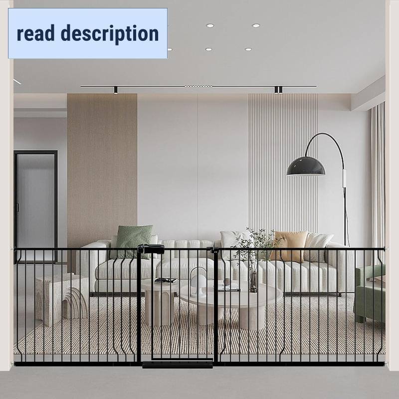 lot 201321 image: Retails for $185 WAOWAO Baby Gate 100-109.42 Extra Wide Pressure Mounted Walk Through Swing Auto Close Safety Black Metal Toddler Kids Child Dog Pet Puppy for Stairs,Doorways,Kitchen