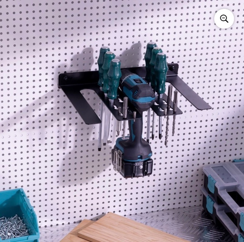 lot 5111026 image: Navaris Drill Holder for Pegboard or Wall - Tool Organizer Storage Accessories - Wall Mount Rack for Pegboards, Garage Walls, Power Tools - Retail $39