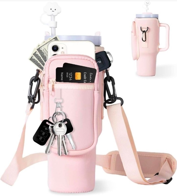 lot 5111106 image: Water Bottle Carrier Bag with Phone Pocket for Stanley 40 oz Tumbler Water Bottle Holder Pouch with Adjustable Strap& Carabiner for Stanley Cup Accessories, Pink - Retail $12