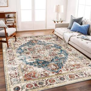 lot 1303 image: $112 Washable Area Rug 9x12 Beige Blue Boho Chic Medallion Distressed Design Non-Shedding Easy Care Ideal for High Traffic Areas in Living Room Bedroom Office Coffee Table Large Carpet