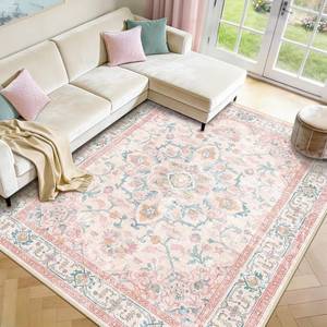 lot 1305 image: Machine Washable Rugs Nursery Rug 8x10 Cute Girl Non Slip Low Pile Water Repellent Soft Print Pattern for Bedroom Indoor Decor Kids Playroom Pink Teal