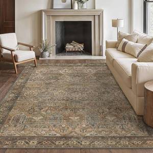lot 1311 image: Bavni Washable Rug 8x10 Area Rug for Living Room Bedroom Dining, Washable Vintage Print Carpet, Ultra-Thin Chenille Low Pile Lightweight Rug with Non Slip Backing, Warm Taupe