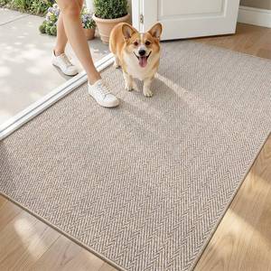 lot 1328 image: LUMI Ultra Thin Indoor Door Mat for Entrance 36x56, Non Slip Entryway Mat, Low Profile Doormat, Unique Herringbone Design Carpet for Inside, Patio, Porch, Beige