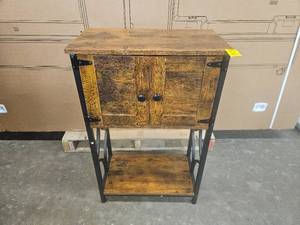 lot 1338 image: Wooden Bed Side Table with Storage Cabinet, Nightstand with Door, End Night Table for Bedroom, Dorm, Office, Rustic Brown. Power Outlets