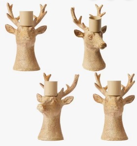 lot 2414 image: DN DECONATION Christmas Candle Holders Set of 4   Reindeer Taper Candle Holders in Rustic Wood Color, Deer Head Candlestick Holders Holiday Tabletop Decor for Living Room, Fireplace