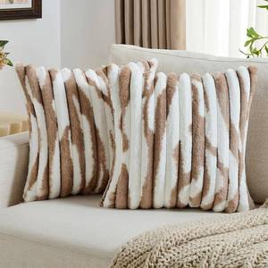 lot 2440 image: FUTEI Brown White Decorative Throw Pillow Covers 24x24 Inch Set of 2,Soft Tie-Dye Faux Rabbit Fur Striped Texture European Cushion Covers, Modern Home Decor for Couch Bed Living Room