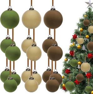 lot 2443 image: Aneco 36 Pcs Velvet Christmas Ornaments Bulk, 3 Sizes Flocked Christmas Tree Ball, Plastic Xmas Decorative Hanging Ornaments with 36 Ribbons for Xmas Holiday Wreath Tree Decor (Green, Beige, Brown)