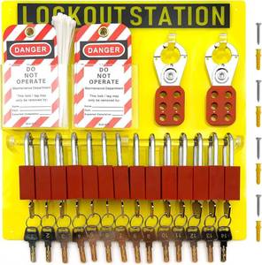 lot 2465 image: $130 SAFBY Lockout Tagout Station Board Metal Kit with Lock Out Tag Out Loto 2 Hasps, 30 Tags, 30 Nylon Cable, 14 Locks with Number 1-14 (Yellow Lockout Station)