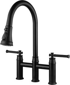 lot 2471 image: $310 Matte Black Bridge Kitchen Faucet with Pull Down Sprayer, Lava Odoro Transitional Kitchen Sink Faucet 3 Hole 2 Handle Spot-Resistant, Lead-Free,