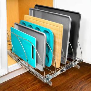 lot 2473 image: Pull Out Cutting Board, Cookie Sheet, Baking Pan Organizer, Lifetime Ltd. Warranty, 14W x 21D, Chrome