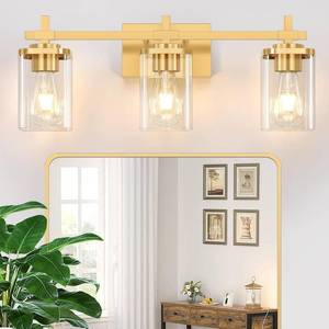 lot 2479 image: 3-Lights Gold Bathroom Light Fixtures, Bathroom Vanity Light Over Mirror, Brushed Gold Wall Lights with Glass Shades, Indoor Wall Mounted Lamp for Living Room Bedroom Hallway