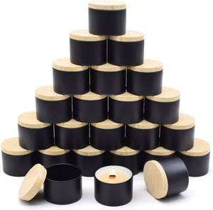 lot 2481 image: 24-Pack Black Candle Tins with Wood-Grain Lids, 4oz Round Metal Candle Jars for Making Candles and Storage