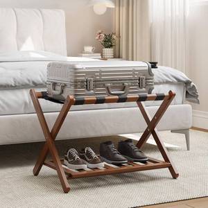 lot 2510 image: Bamboo Luggage Rack Fully Assembled, Folding Suitcase Stand with Shoe Shelf, Heavy-Duty Luggage Holder for Guest Room Must Haves, Bedroom, Hotel, Walnut