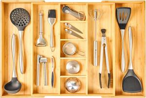 lot 2514 image: Umilife Extra Large Expandable Kitchen Drawer Organizer for Utensil and Junk, 19 Deep for Big Drawer, 17 to 28 Adjustable Bamboo Wood Drawer Divider, Cutlery Tray, Flatware Holder