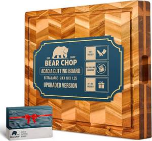 lot 2516 image: Bearchop Herringbone Acacia Wood Cutting Boards for Kitchen, Butcher Block with 4-Side Reinforced Bar for Anti CrackWarp,24x18x1.25 Extra Large Cutting Boards with Gift Box, Juice Groove, Handle