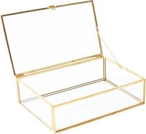 lot 2534 image: Large Vintage Golden Lidded Glass Box, Rings Bracelet Organizer Home Decor, Edge Bracelet Decorative Jewelry Display Box(10.8x7x3.9 inch)