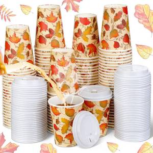lot 2535 image: Umigy 120 Pcs 12 oz Fall Disposable Coffee Cups with Lids Autumn Paper Cups Thanksgiving Maple Leaves Paper Cup Fall Beverage Drinking Cups for Dinner Thanksgiving Party Decoration Harvest
