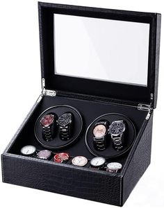 lot 2538 image: Watch Winder for Automatic Watches,Ultra Quiet Motor,4 Automatic Watches and 6 Extra Watch Storage Spaces, PU Leather Crocodile Styling