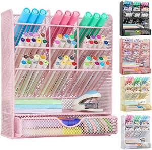 lot 2539 image: Spacrea Pen Holder Desk Organizer - Desk Organizers and Accessories, Pencil Holder with 10 Compartments and 1 Drawer Pink