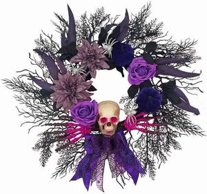 lot 2559 image: Halloween Skull Wreath for Front Door, 20 Inch Spooky Gothic Wreath Decor with Purple Roses and Black Plants for Indoor Home Window Door Halloween Decorations
