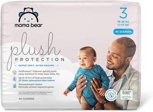 lot 2570 image: Amazon Brand - Mama Bear Plush Protection Disposable Baby Diapers, Hypoallergenic, Fragrance-Free, Leak Protection, Size 3, 40 Count, White and Cloud Dreams
