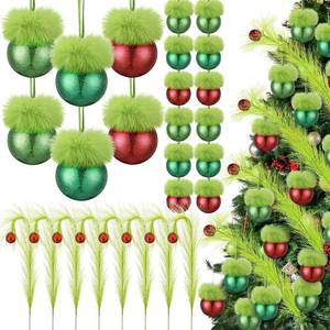 lot 2573 image: Bucherry 32 Pcs Lime Green Furry Christmas Ball Ornaments for Xmas Tree, Fuzzy Ball with Hair and 18 Green Tree Picks Topper for Home Party Supplies Fireplace Mantel Wall Decor(Lime Red,2.4)