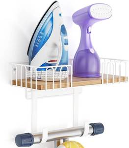 lot 2576 image: ORLESS Ironing Board Hanger Metal Wall Mount Iron and Ironing Board Holder, Laundry Room Decor and Storage with Large Storage White Wooden Base Basket and Removable Hooks