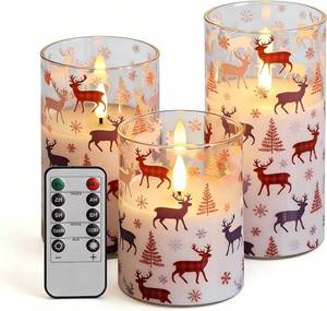 lot 2587 image: Glass Flameless Pillar Candles with Remote, Flickering Red Buffalo Plaid Glass LED Candles Battery Operated Set of 3