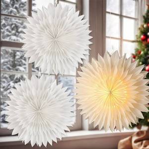 lot 2591 image: 3 Pcs 15.7 Inch Christmas Paper Snowflake Lantern Set 3D Paper Star Lanterns LED Lights Winter Party Hanging Decoration White Hanging Lamp Ornaments Xmas New Year (Classic Style)