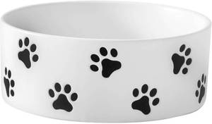 lot 2592 image: 6.5 Inch White Ceramic Dog Bowl with Paw Print Pattern - Porcelain Wide Mouth Dog Food or Water Bowls, Large Feeding Pet Bowls for Indoor Medium Sized Dogs, for Wet or Dry Food