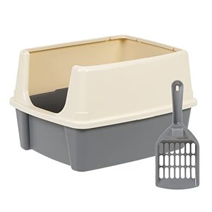 lot 2615 image: Amazon Basics Large Cat Litter Box with High Sides Open Top Includes Scoop 19 X 15 X 11.75 Inches GreyBeige