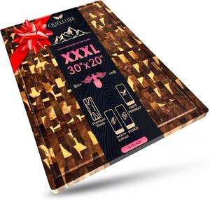lot 2646 image: $117 30 x 20 Acacia Wood End Grain Cutting Board Extra Large, XXXL Noodle Board Stove Cover, Heavy-Duty Butcher Block, 3XL Meat Chopping Board, Oversized Turkey Carving Board, Charcuterie Board