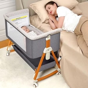lot 2671 image: 3-in-1 Baby Bassinet & Bedside Sleeper, Foldable Portable Crib with Adjustable Height, Breathable Mesh, 360  Wheels and Storage Basket, Light Grey