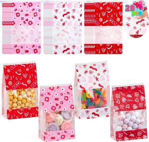 lot 4251 image: JOYIN 28 Pcs Valentine s Day Gift Bags, 3.2 Treat Bag with Window & Tin Tie Lock, Plastic Treat Bags with 4 Designs, Goodie Bag for Candy Bakery, Cookie Snack Storage, Party Favor