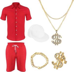 lot 4263 image: 5 Pcs Retro Singer Costume Kit 80s 90s Rapper Costume Accessories Kit Include M Satin Matching Pajamas, White Baseball Cap, Necklace, Ring and Bracelet for Halloween Hip Hop Cosplay Medium