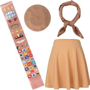 lot 4266 image: Shinymoon 4 Pcs Halloween Scout Costume Set for Woman Cosplay Neck Hair Scarf French Beret Satin Sash Mini Skater Skirt(Medium,Dark Camel)
