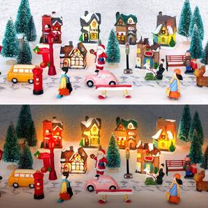 lot 301 image: Yoloodayy 43 Pcs Christmas Village Set with 10 Pcs Trees Xmas Town Scene Desktop Ornament Figurines Accessories Resin Buildings Landscape Decor for Xmas Town Scene Christmas Desk Landscape Decor